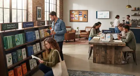 Young readers browsing curated financial-literacy shelves in a PivotalCap bookshop